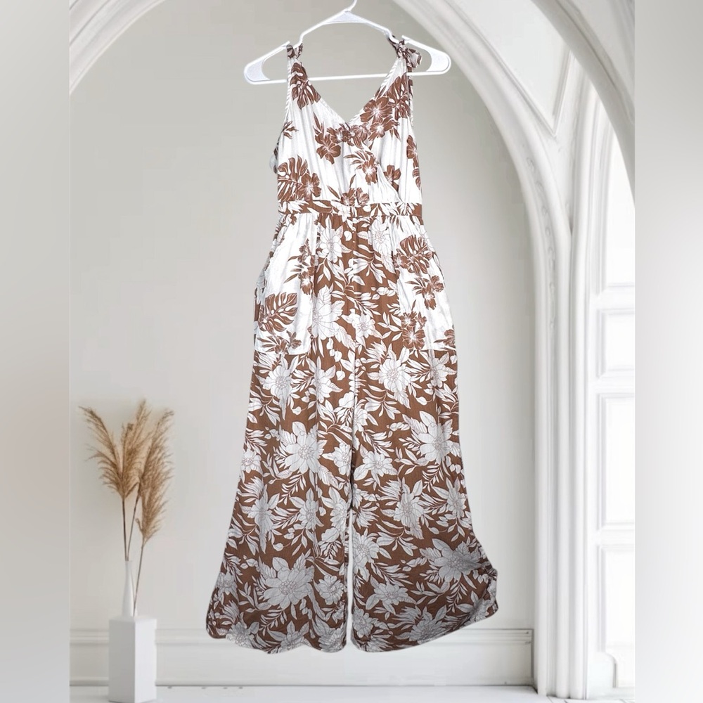 American Eagle Women's Cotton Palm Print Brown Jumpsuit Size S - Picture 1 of 7